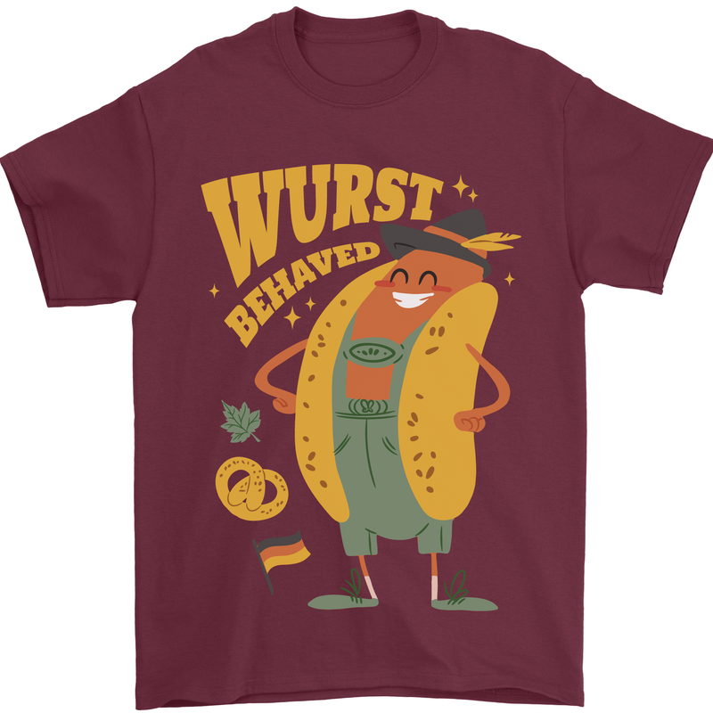 Oktoberfest Hotdog Wurst Behaved Mens T-Shirt 100% Cotton Maroon