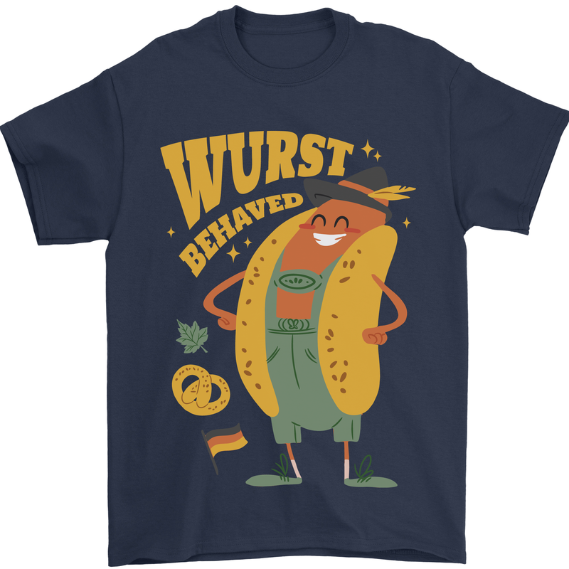 Oktoberfest Hotdog Wurst Behaved Mens T-Shirt 100% Cotton Navy Blue