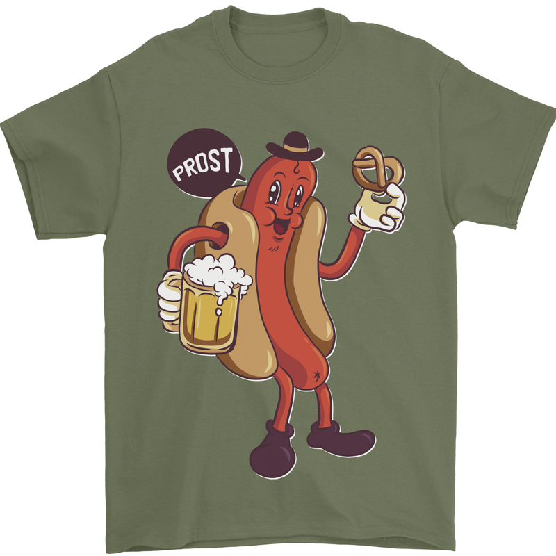 Oktoberfest Prost Hotdog Pretzel Beer Funny Mens T-Shirt 100% Cotton Military Green