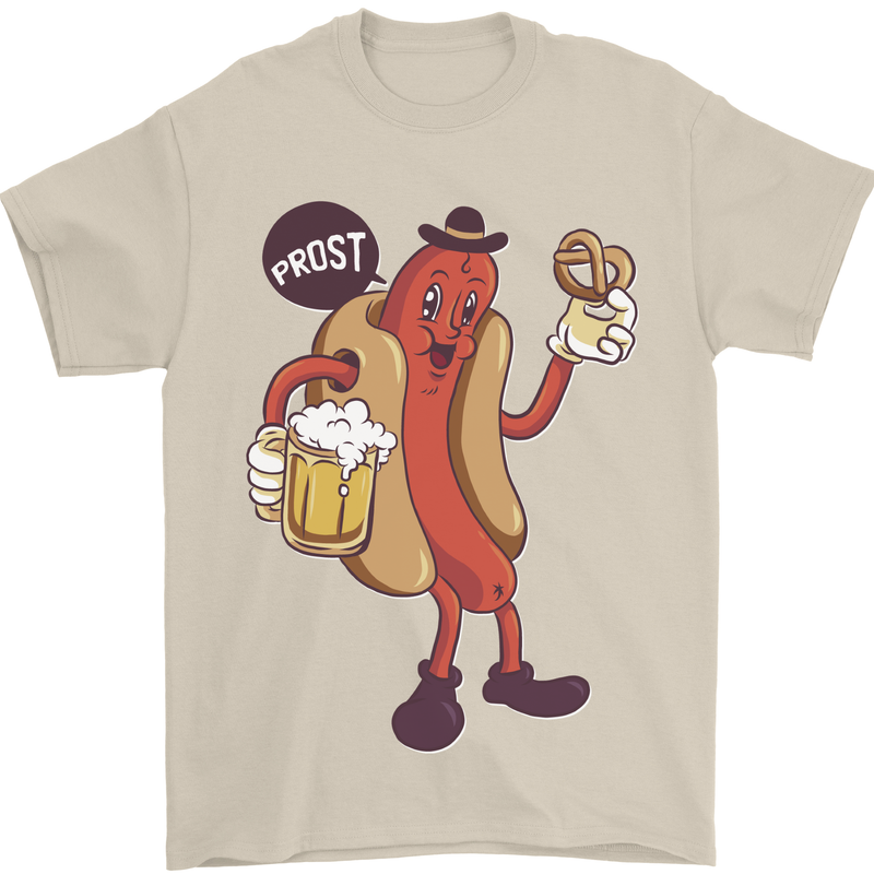 Oktoberfest Prost Hotdog Pretzel Beer Funny Mens T-Shirt 100% Cotton Sand