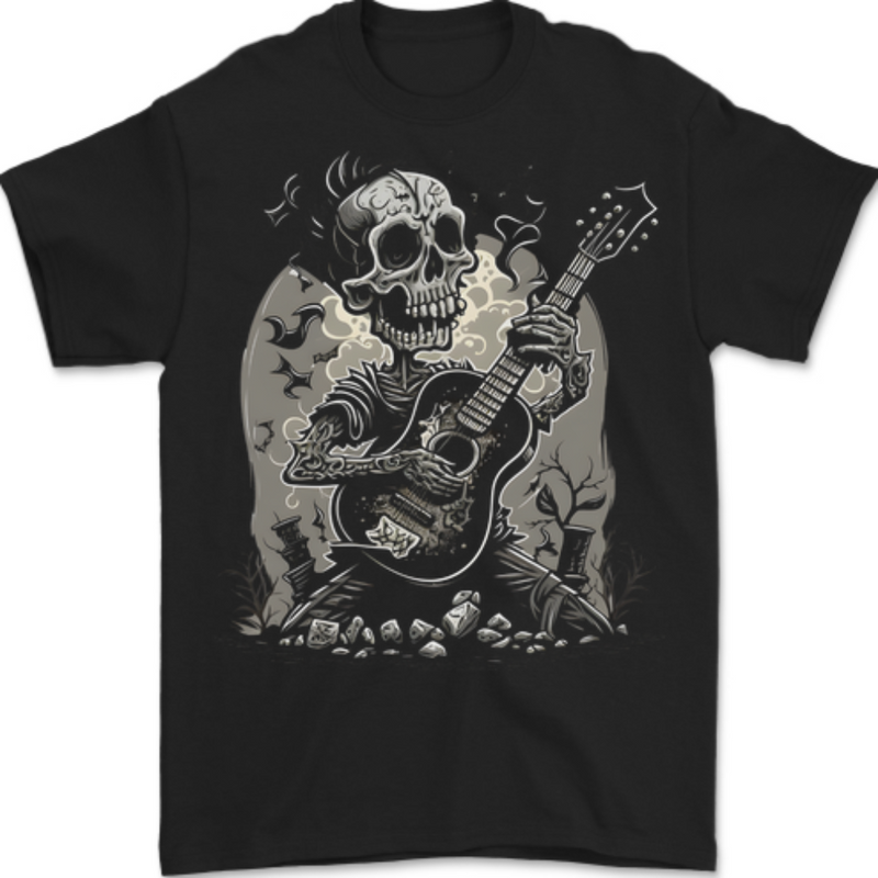 Old Rocker Guitar Player Skull Rock n Roll Music Mens T-Shirt 100% Cotton BLACK
