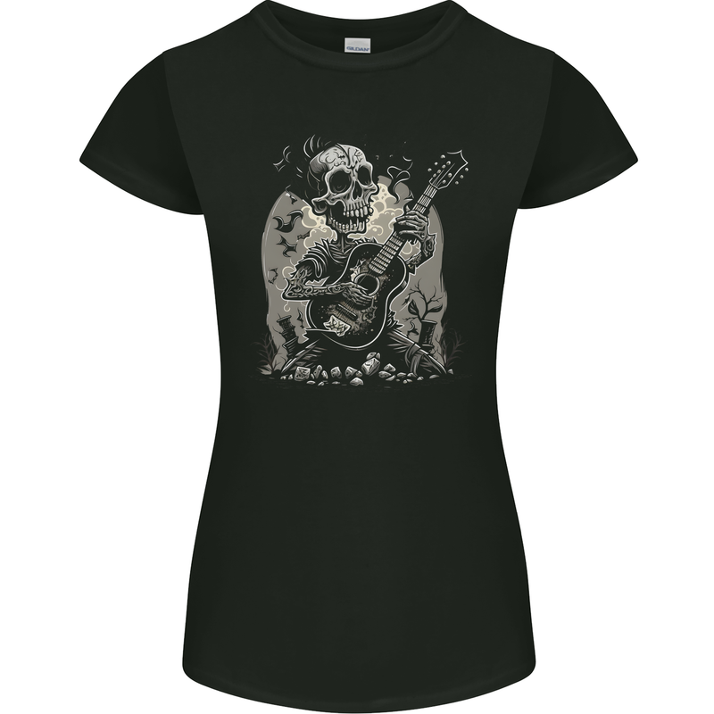 Old Rocker Guitar Player Skull Rock n Roll Music Womens Petite Cut T-Shirt Black