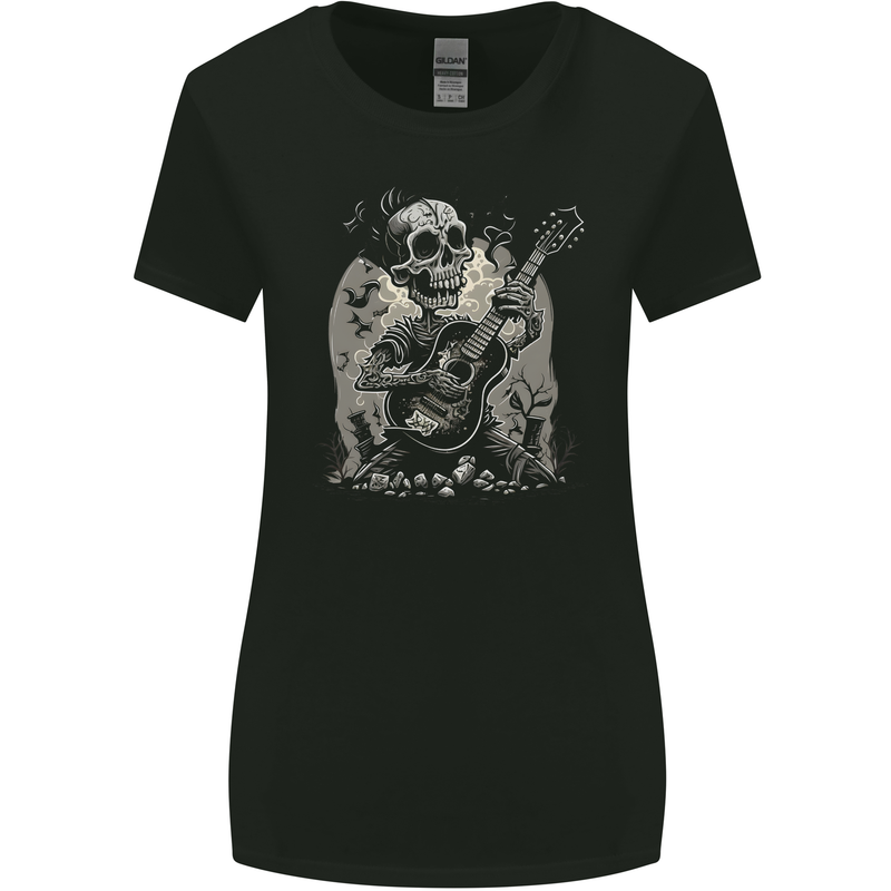 Old Rocker Guitar Player Skull Rock n Roll Music Womens Wider Cut T-Shirt Black