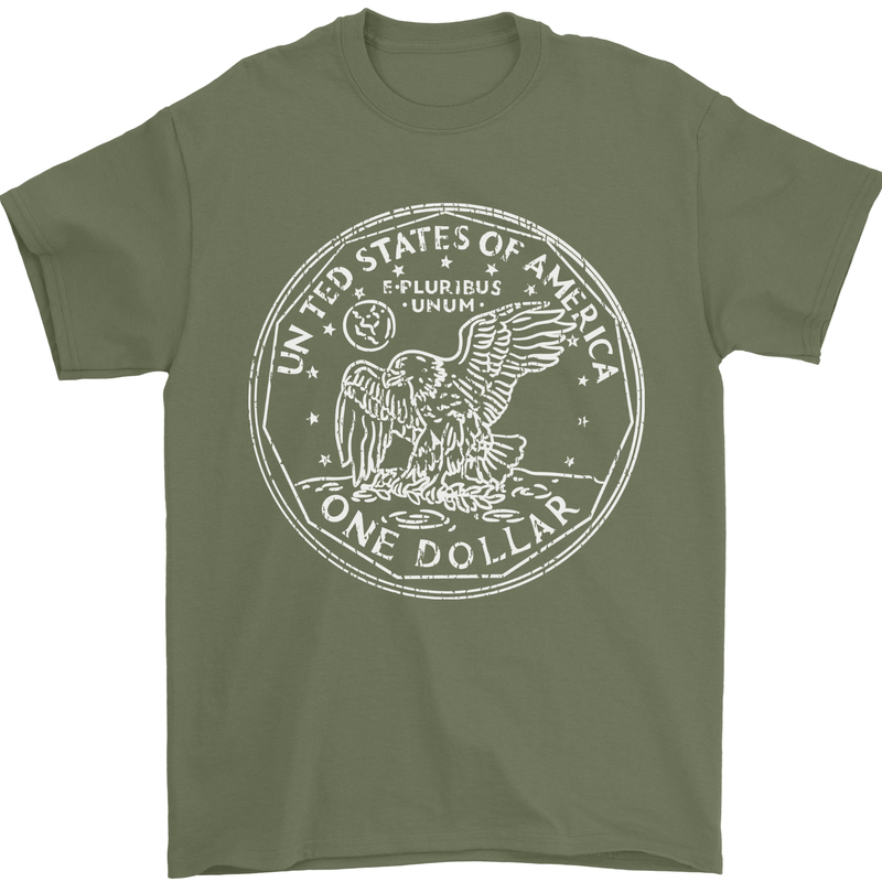 One American Dollar Coin Money Cash USA Mens T-Shirt 100% Cotton Military Green