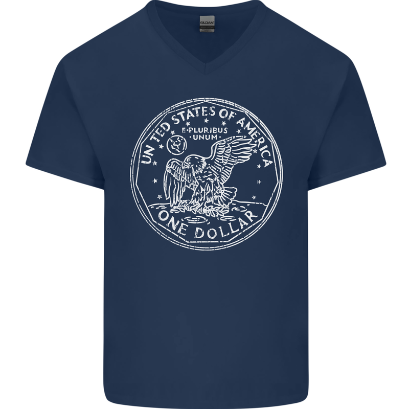 One American Dollar Coin Money Cash USA Mens V-Neck Cotton T-Shirt Navy Blue