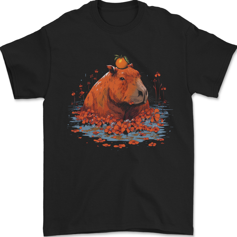 Orange Capybara Mens T-Shirt 100% Cotton Black