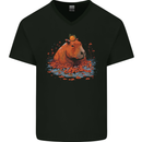 Orange Capybara Mens V-Neck Cotton T-Shirt Black