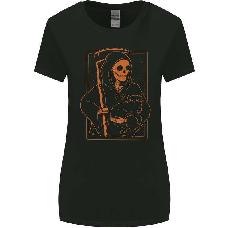Orange Grim Reaper With a Cat Womens Wider Cut T-Shirt Black