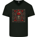 Ornate Playing Card Skull Goth Gothic Mens V-Neck Cotton T-Shirt Black