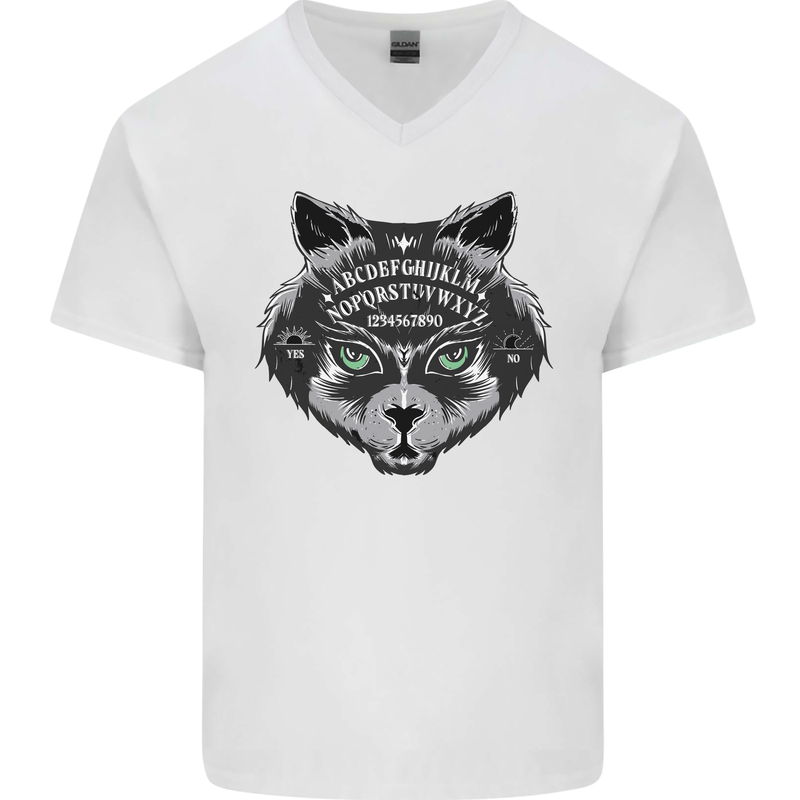 Ouija Board Cat Dark Black Magic Voodoo Mens V-Neck Cotton T-Shirt White