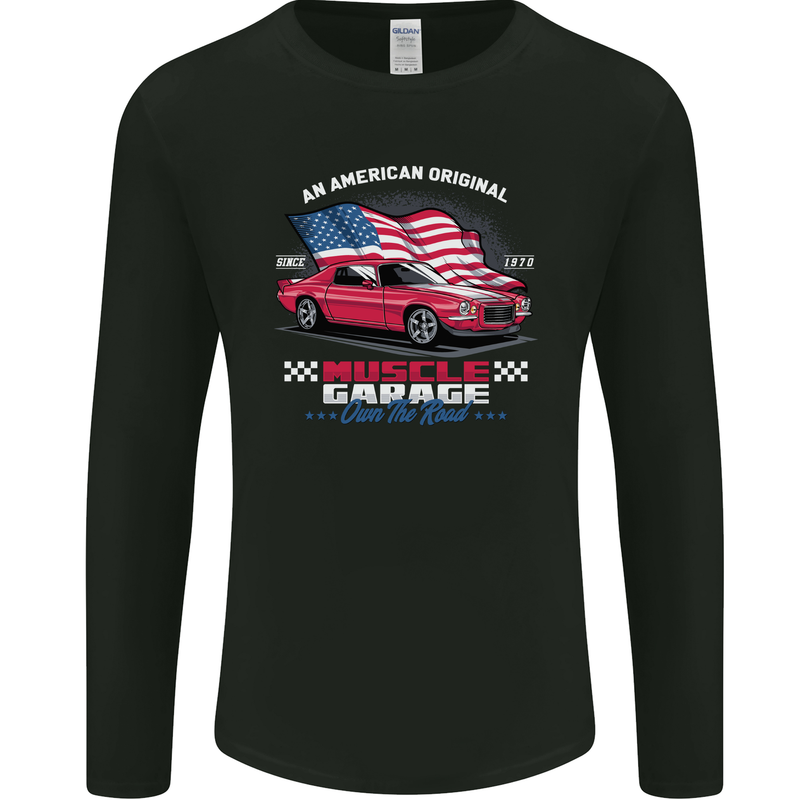 Own the Road USA Muscle Car American Flag Mens Long Sleeve T-Shirt Black
