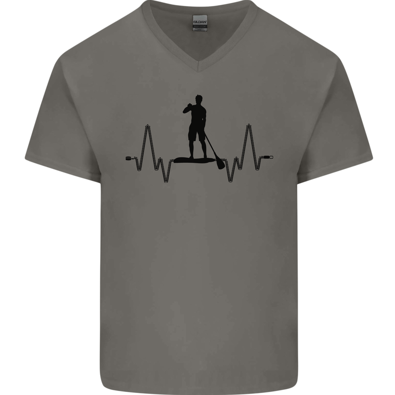 Paddleboard ECG Paddleboarding Pulse Mens V-Neck Cotton T-Shirt Charcoal