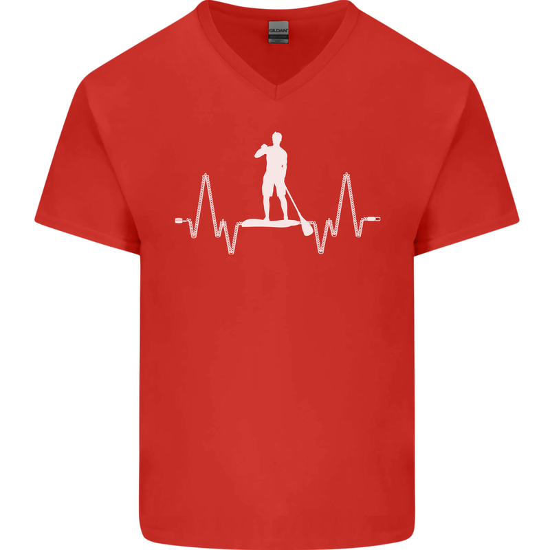 Paddleboard Pulse Paddle Boarding ECG Mens V-Neck Cotton T-Shirt Red