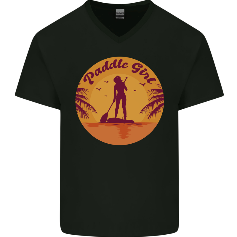 Paddleboarding Girl Mens V-Neck Cotton T-Shirt Black