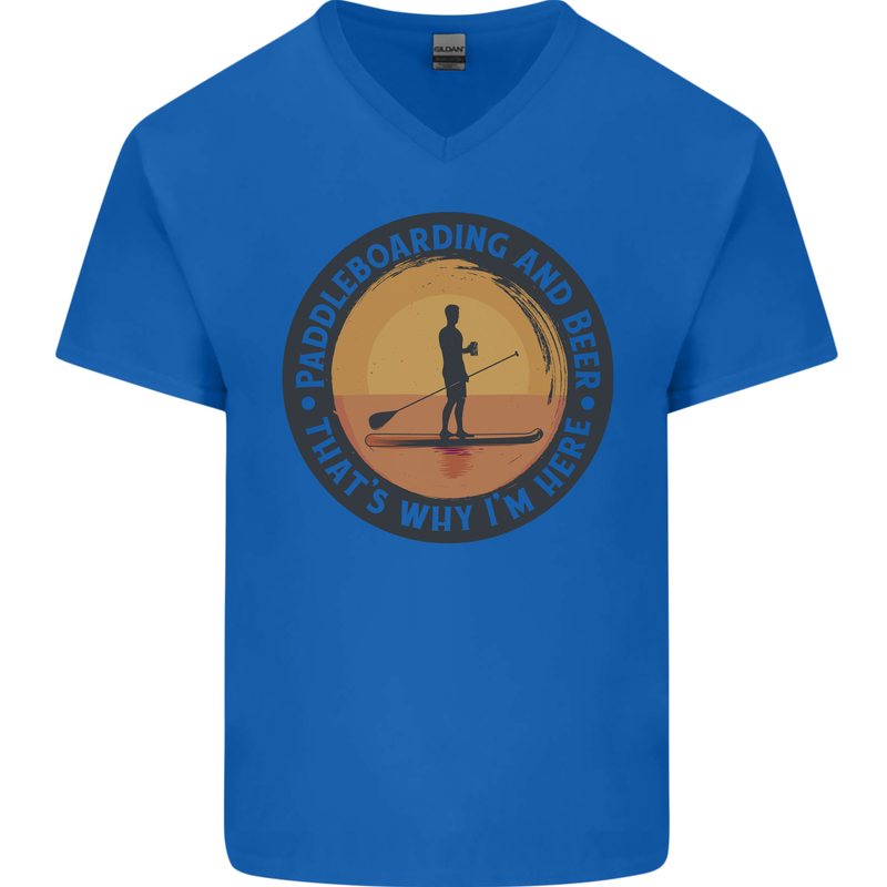 Paddleboarding & Beer Funny Paddleboard Mens V-Neck Cotton T-Shirt Royal Blue
