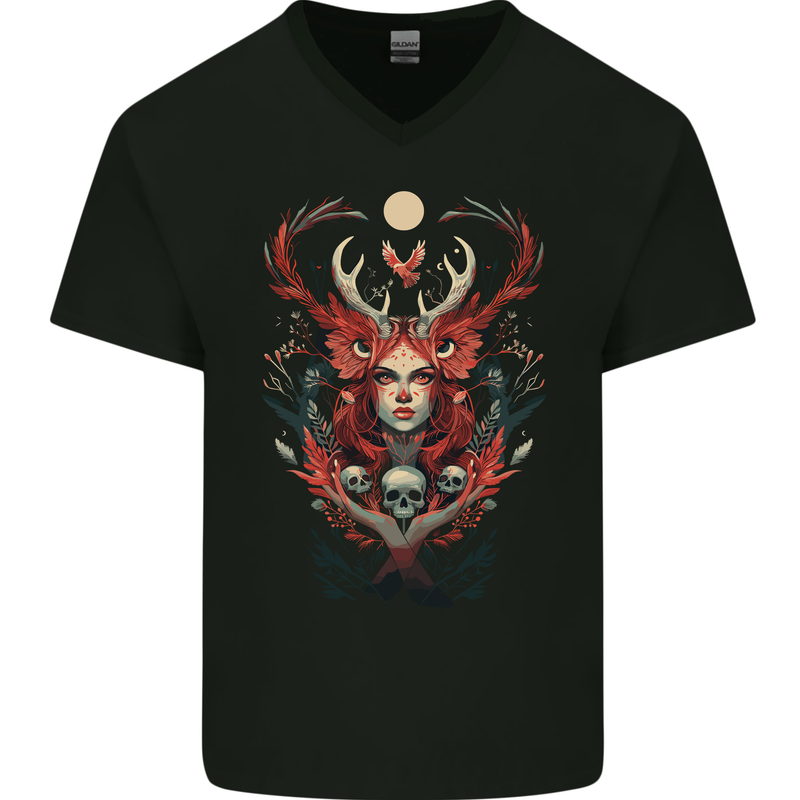 Pagan Woman of the Earth Stonehenge Druid Skulls Mens V-Neck Cotton T-Shirt Black