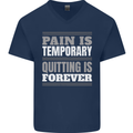 Pain Is Temporary Gym Quote Bodybuilding Mens V-Neck Cotton T-Shirt Navy Blue