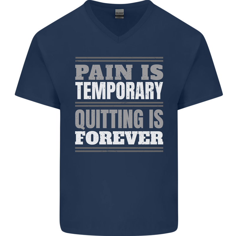 Pain Is Temporary Gym Quote Bodybuilding Mens V-Neck Cotton T-Shirt Navy Blue