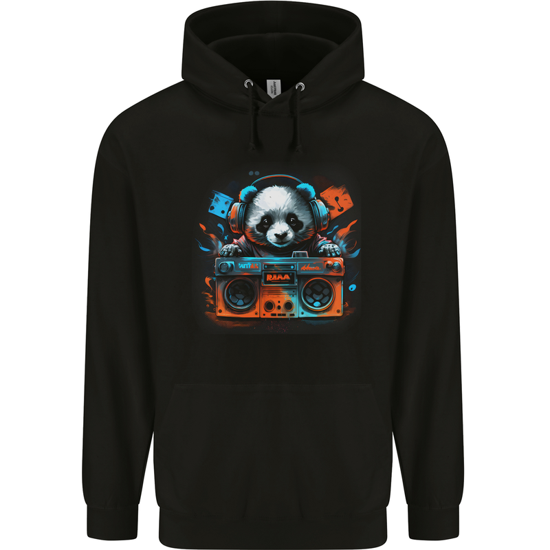Panda Music With a Ghetto Blaster 80s Mens 80% Cotton Hoodie Black