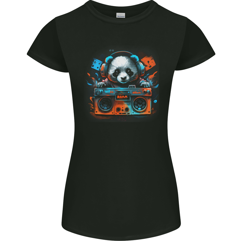 Panda Music With a Ghetto Blaster 80s Womens Petite Cut T-Shirt Black