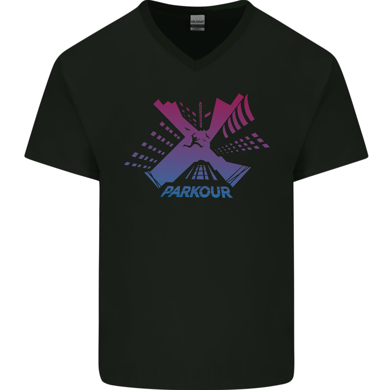 Parkour Buildings Mens V-Neck Cotton T-Shirt Black