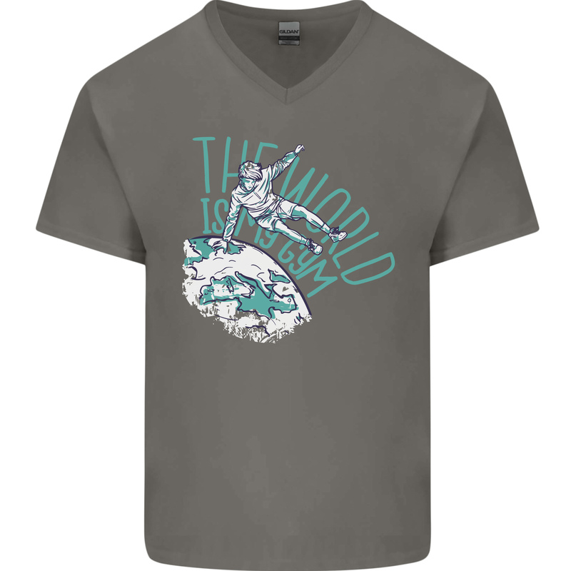 Parkour the World is My Gym Mens V-Neck Cotton T-Shirt Charcoal