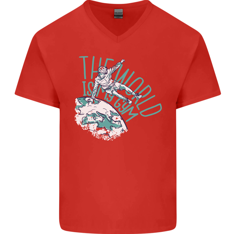 Parkour the World is My Gym Mens V-Neck Cotton T-Shirt Red