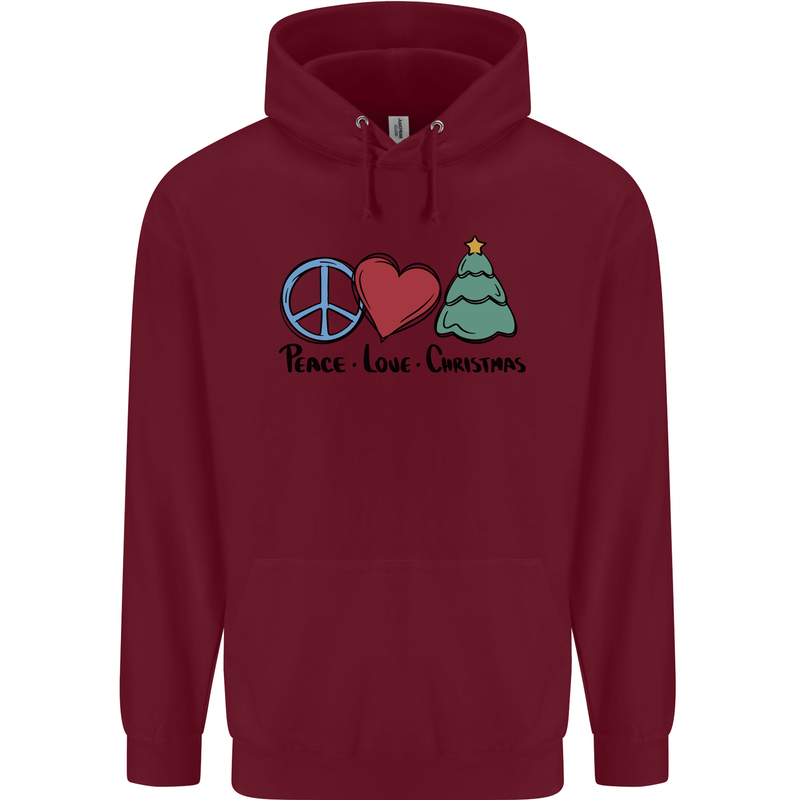 Peace Love Christmas Xmas Childrens Kids Hoodie Maroon