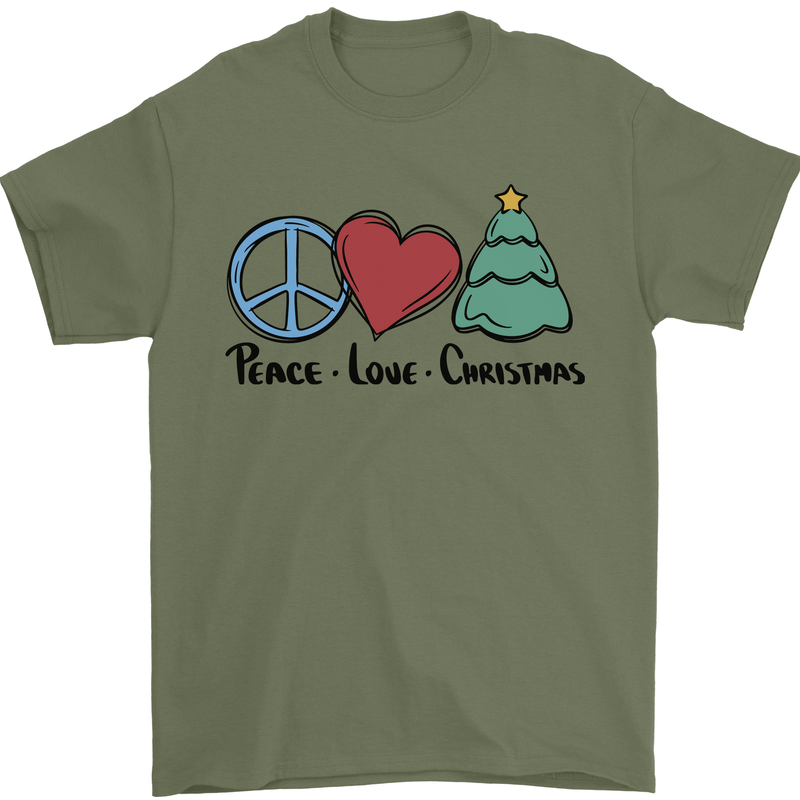 Peace Love Christmas Xmas Mens T-Shirt 100% Cotton Military Green