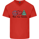 Peace Love Christmas Xmas Mens V-Neck Cotton T-Shirt Red
