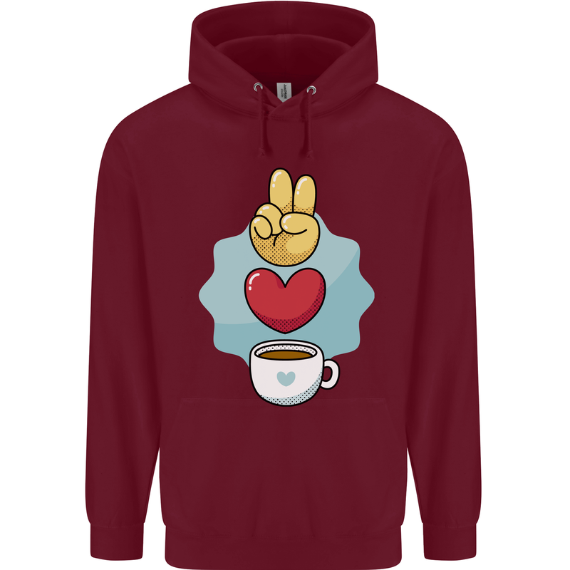 Peace Love Coffee Childrens Kids Hoodie Maroon