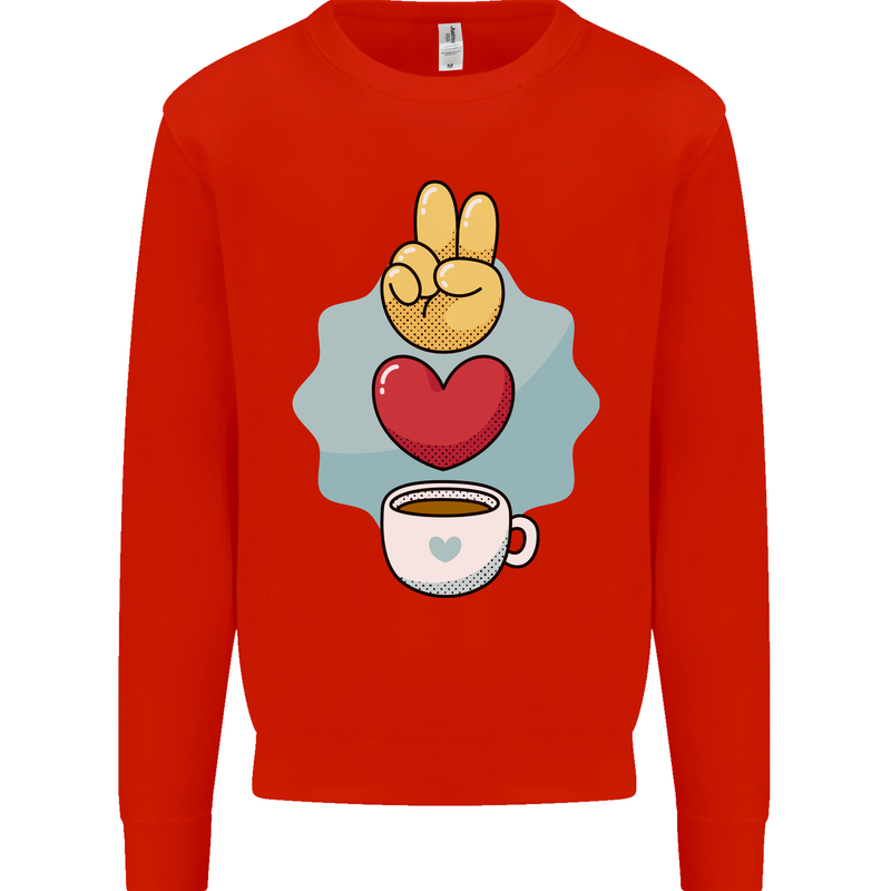 Peace Love Coffee Kids Sweatshirt Jumper Bright Red