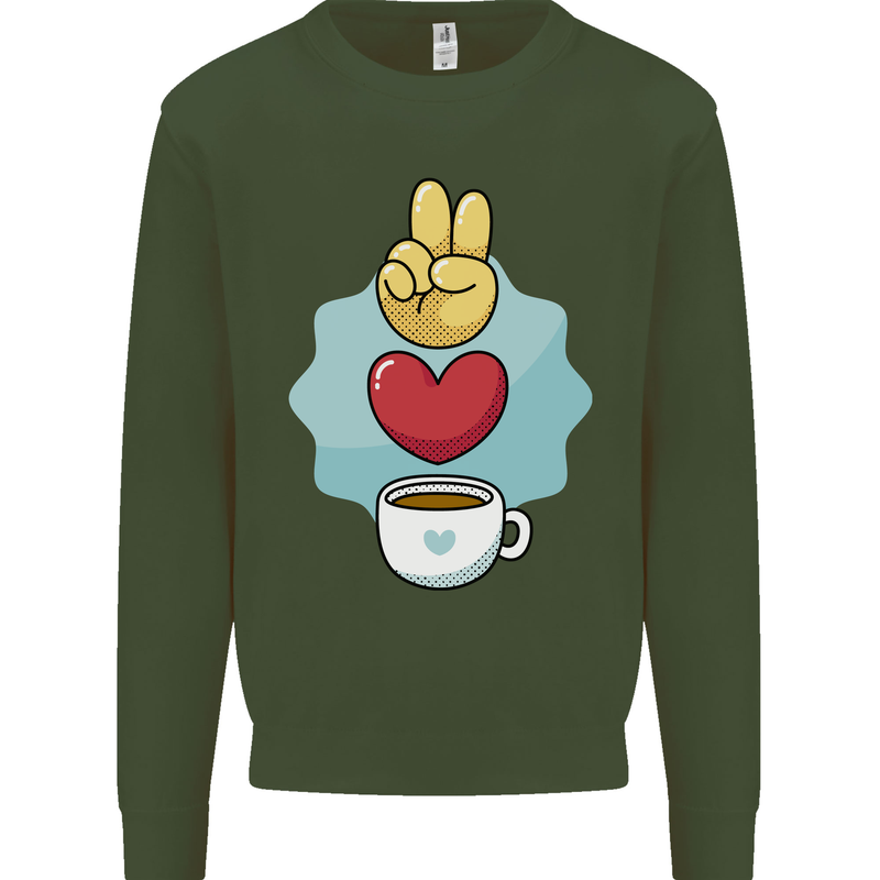 Peace Love Coffee Kids Sweatshirt Jumper Forest Green