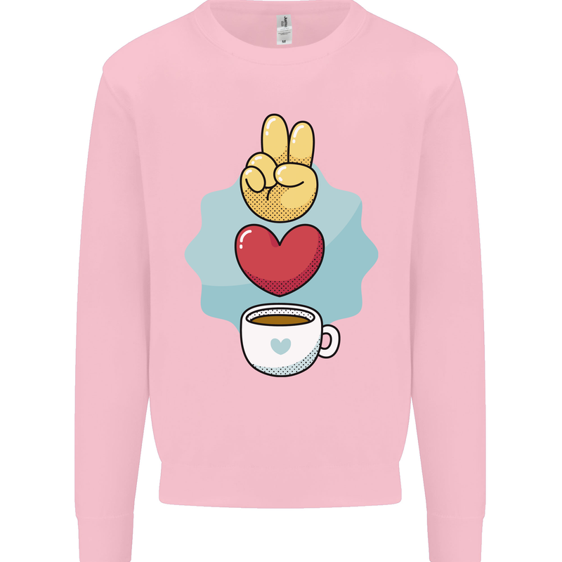 Peace Love Coffee Kids Sweatshirt Jumper Light Pink