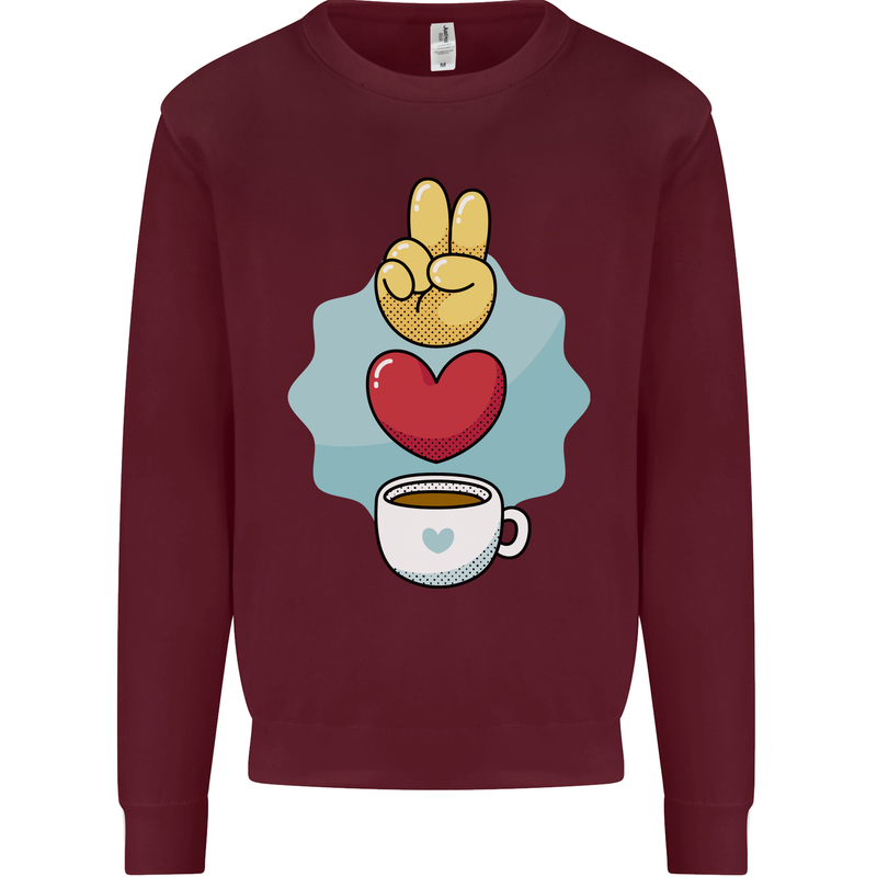 Peace Love Coffee Kids Sweatshirt Jumper Maroon