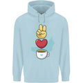 Peace Love Coffee Mens 80% Cotton Hoodie Light Blue