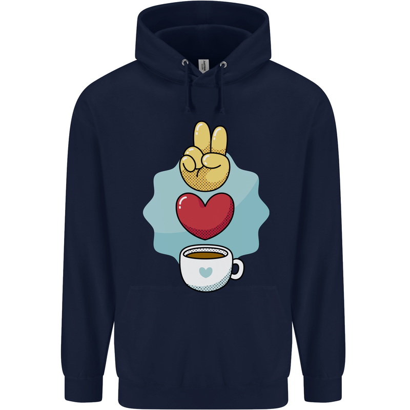 Peace Love Coffee Mens 80% Cotton Hoodie Navy Blue