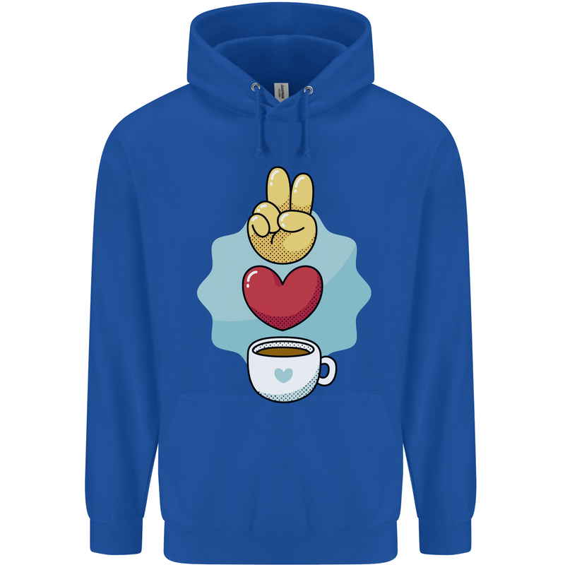 Peace Love Coffee Mens 80% Cotton Hoodie Royal Blue