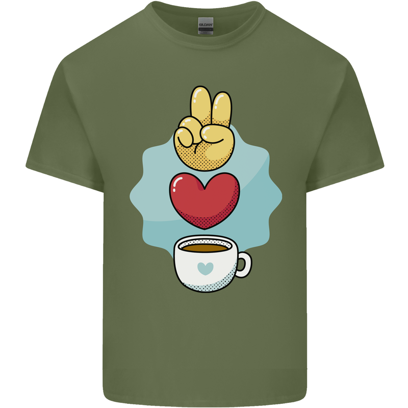 Peace Love Coffee Mens Cotton T-Shirt Tee Top Military Green