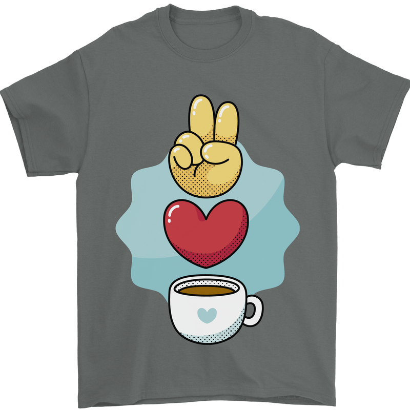 Peace Love Coffee Mens T-Shirt 100% Cotton Charcoal