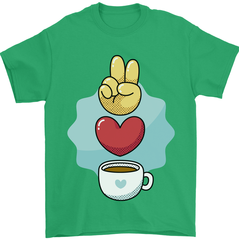Peace Love Coffee Mens T-Shirt 100% Cotton Irish Green