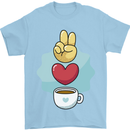 Peace Love Coffee Mens T-Shirt 100% Cotton Light Blue