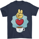 Peace Love Coffee Mens T-Shirt 100% Cotton Navy Blue