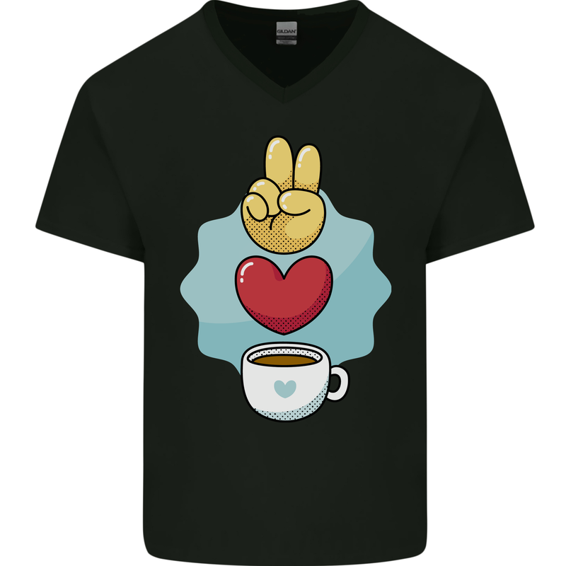 Peace Love Coffee Mens V-Neck Cotton T-Shirt Black