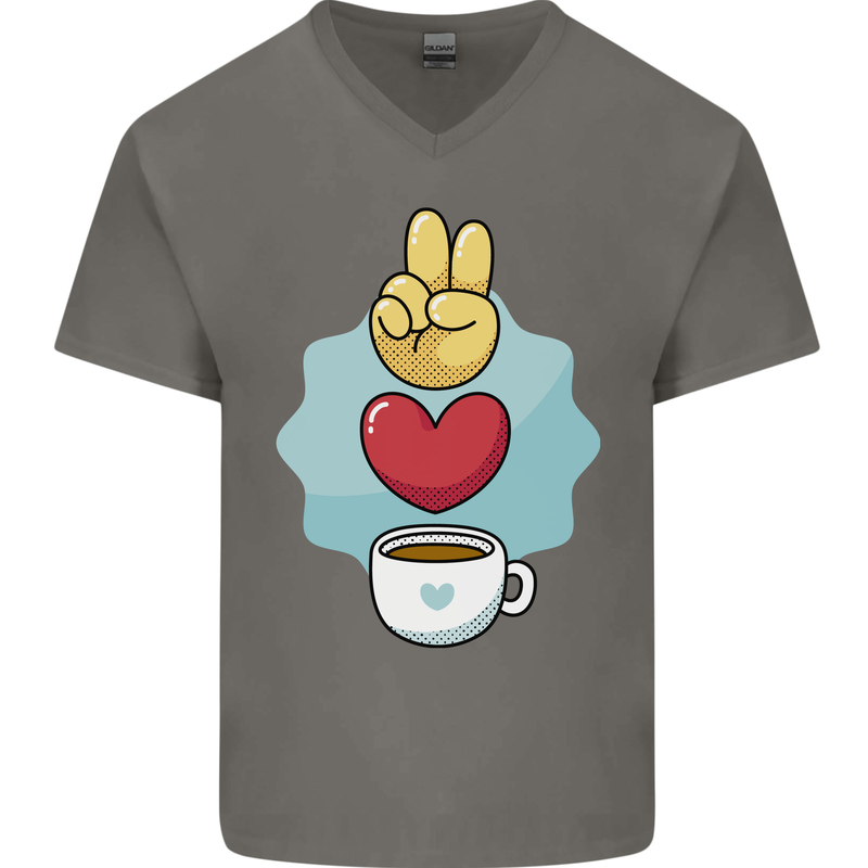 Peace Love Coffee Mens V-Neck Cotton T-Shirt Charcoal