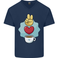 Peace Love Coffee Mens V-Neck Cotton T-Shirt Navy Blue