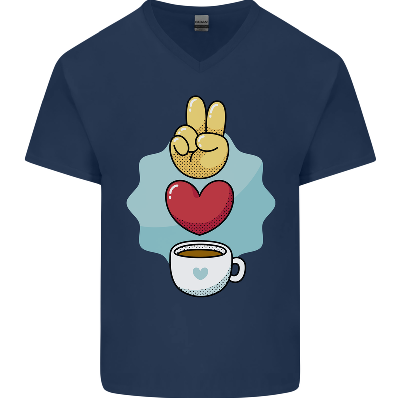 Peace Love Coffee Mens V-Neck Cotton T-Shirt Navy Blue