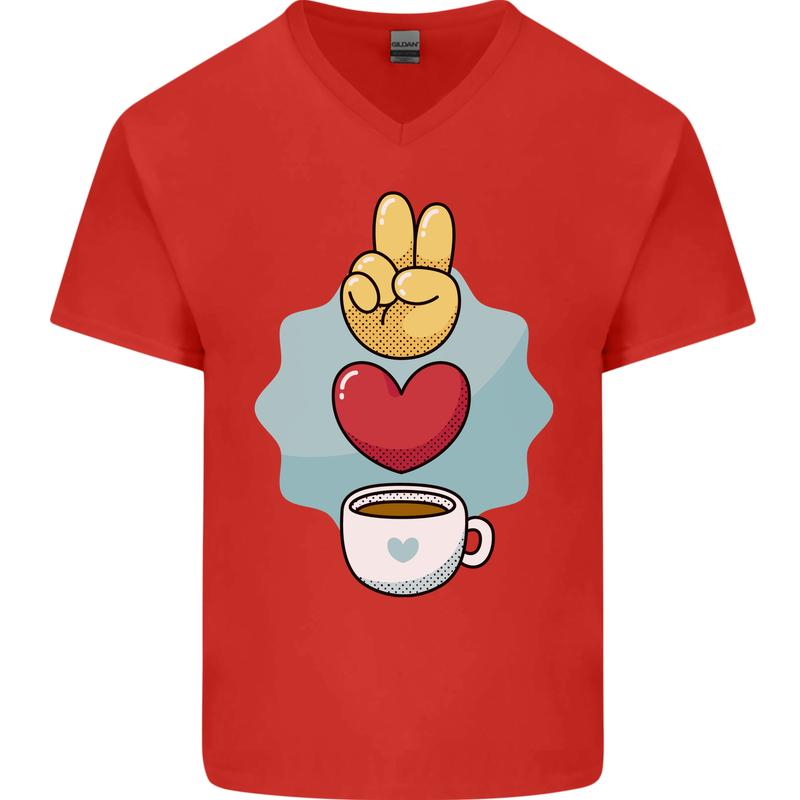 Peace Love Coffee Mens V-Neck Cotton T-Shirt Red