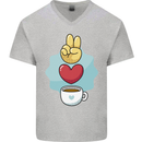 Peace Love Coffee Mens V-Neck Cotton T-Shirt Sports Grey