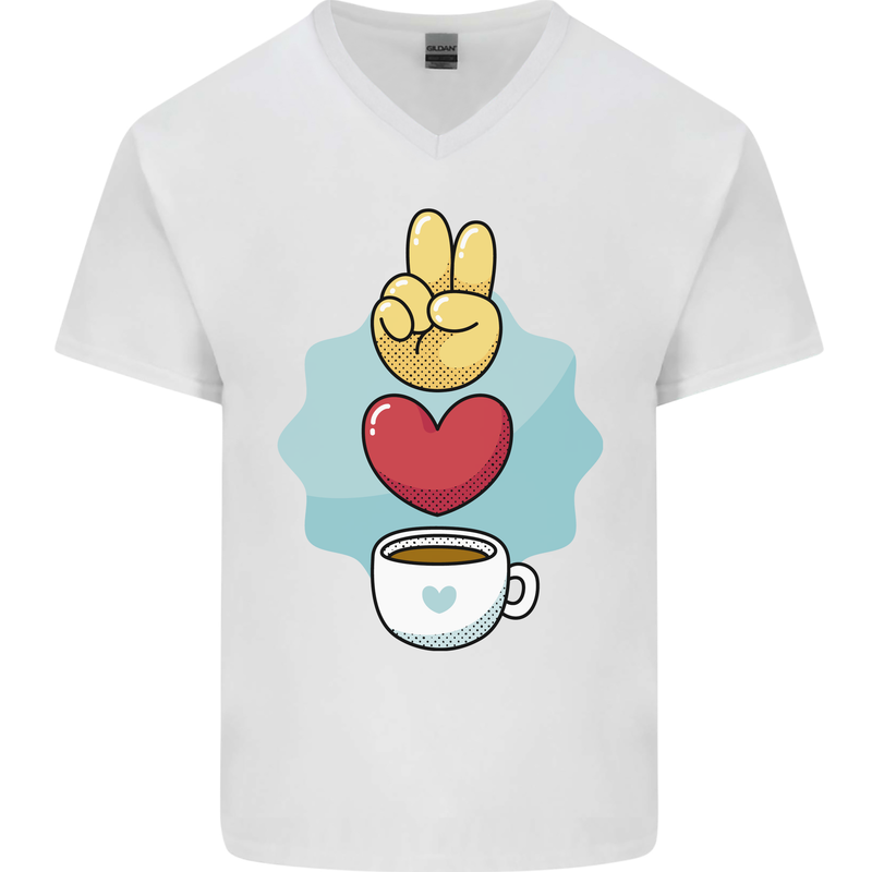 Peace Love Coffee Mens V-Neck Cotton T-Shirt White